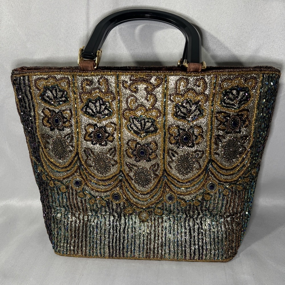 vintage gold-toned beaded & embroidered tote bag black acrylic top handle